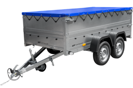 GARDEN TRAILER 264/2 KIPP remorque à deux essieux avec roue jockey, tiges de support, ridelles supplémentaires et bâche plate bleue