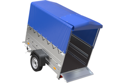 Remorque Garden Trailer 200 Kipp avec roue jockey, rehausses supplémentaire, arceau H-800 et bâche bleue