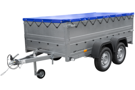 Remorque double essieux Garden Trailer 264/2 KIPP avec roue jockey, rehausses de ridelles et bâche plate bleue