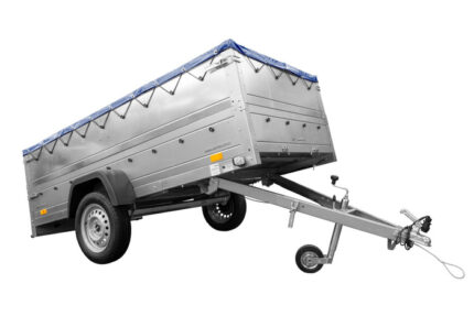Remorque simple essieu Unitrailer GARDEN TRAILER 264 KIPP avec rehausses de ridelles et bâche plate bleue
